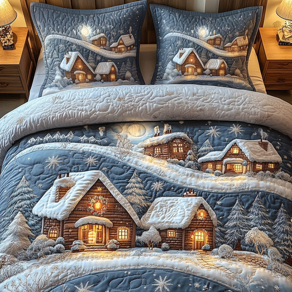 Magical Christmas Village quilted 3-piece bedding set on a made bed in a winter-styled bedroom
