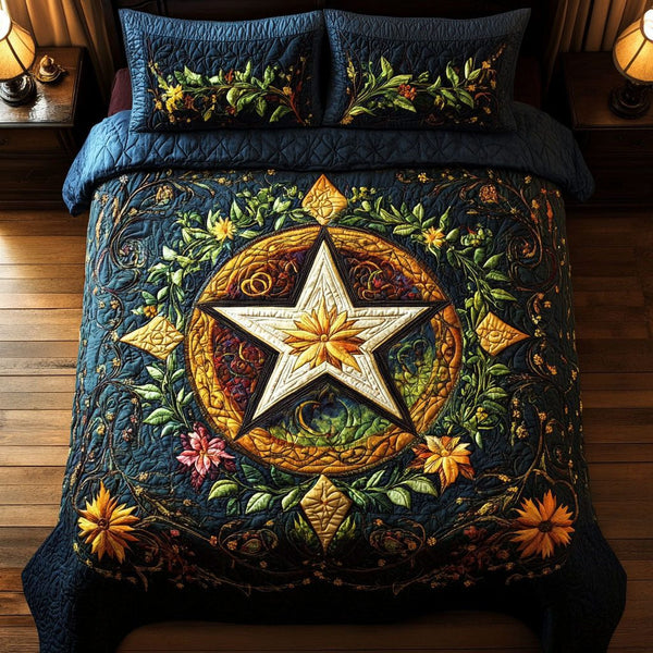 Magical Meadow quilted 3-piece bedding set on a made bed with two matching pillow shams