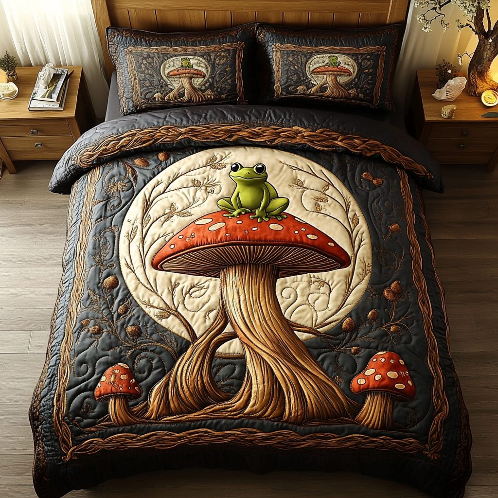 Magical Mushroom quilted 3-piece bedding set on a made bed with two matching pillow shams