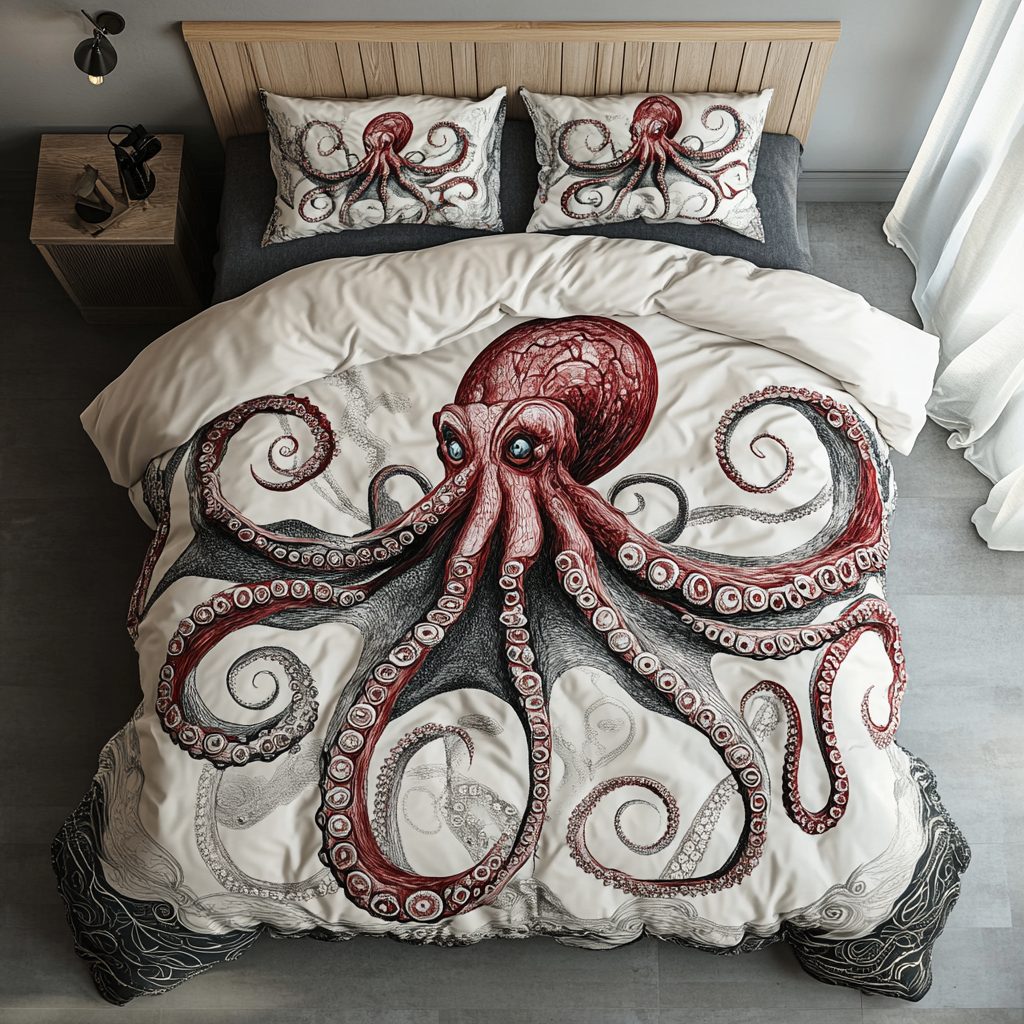 Magical Octopus quilted 3-piece bedding set on a made bed with two matching pillow shams
