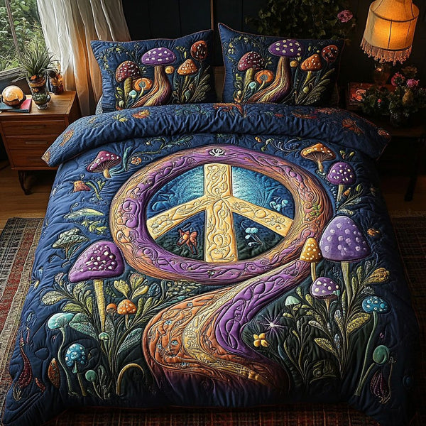 Magical Peace Trail quilted 3-piece bedding set on a made bed with two matching pillow shams