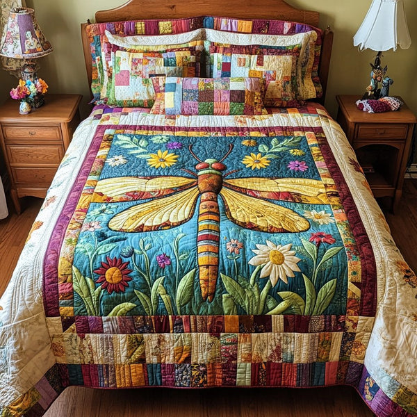 Magical Wings quilted 3-piece bedding set on a made bed with two matching pillow shams