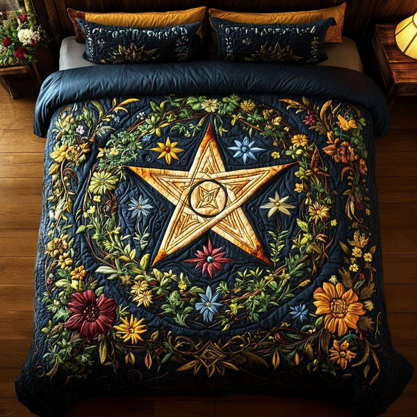Magickal Bloom quilted 3-piece bedding set on a made bed with two matching pillow shams
