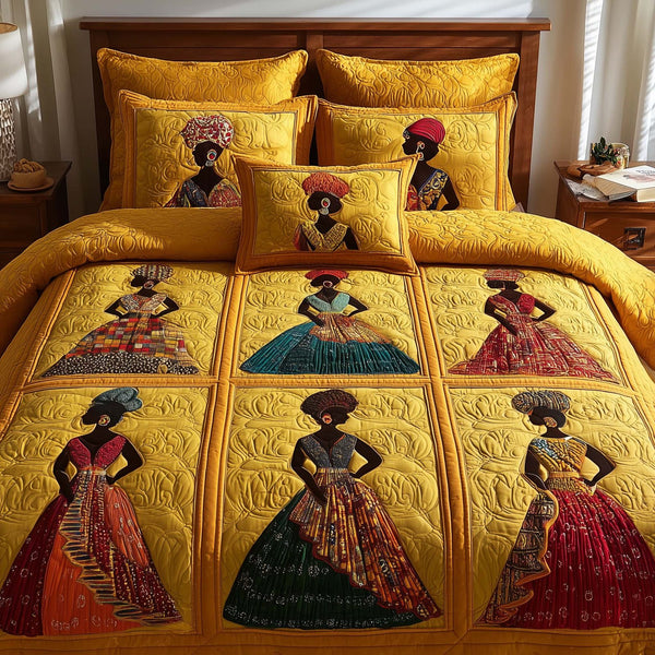 Magnificent Melanin quilted 3-piece bedding set on a made bed with two matching pillow shams