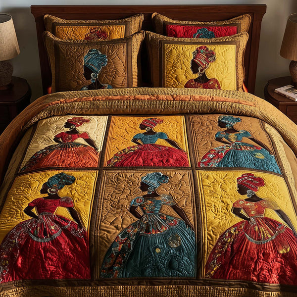 Magnificent Melanin quilted 3-piece bedding set on a made bed with two matching pillow shams