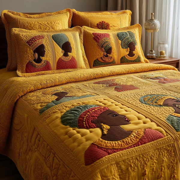 Magnificent Melanin quilted 3-piece bedding set on a made bed with two matching pillow shams