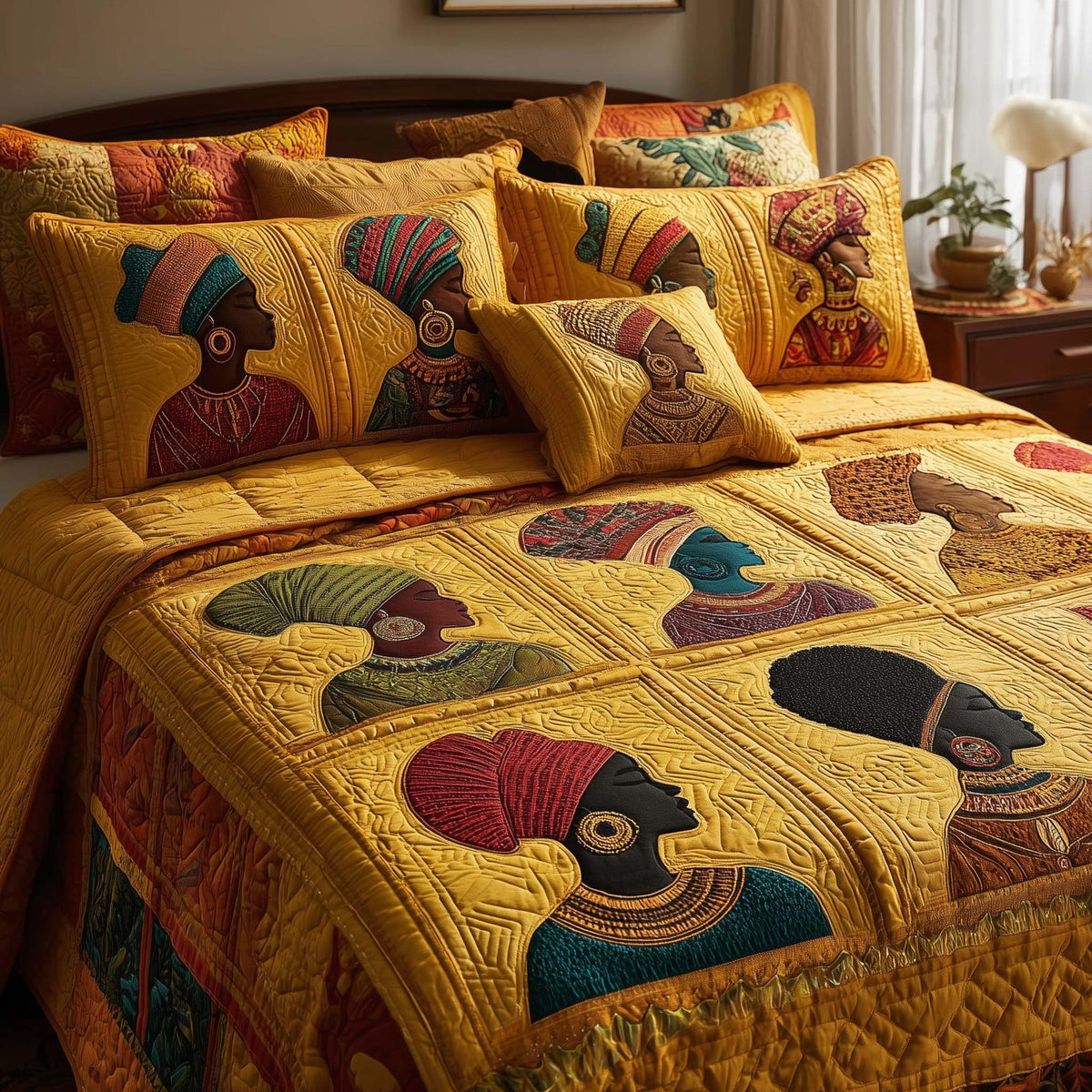 Magnificent Melanin quilted 3-piece bedding set on a made bed with two matching pillow shams