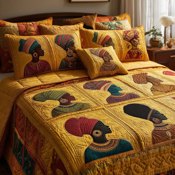 Magnificent Melanin quilted 3-piece bedding set on a made bed with two matching pillow shams