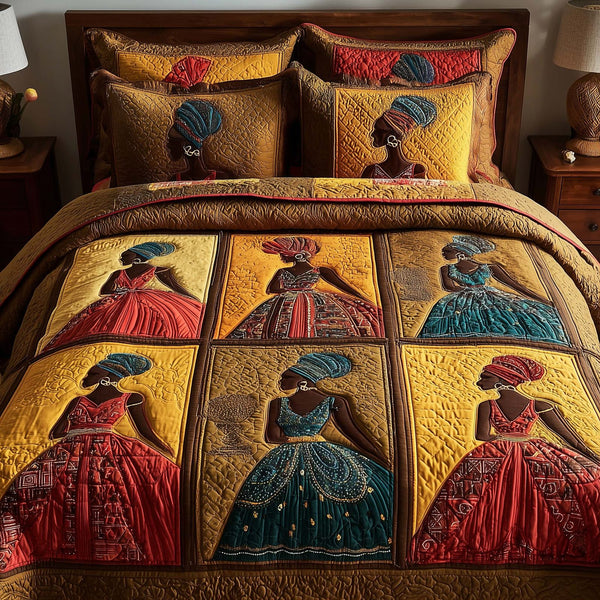 Magnificent Melanin quilted 3-piece bedding set on a made bed with two matching pillow shams