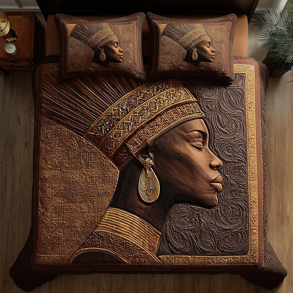 Magnificent Melanin quilted 3-piece bedding set on a made bed with two matching pillow shams