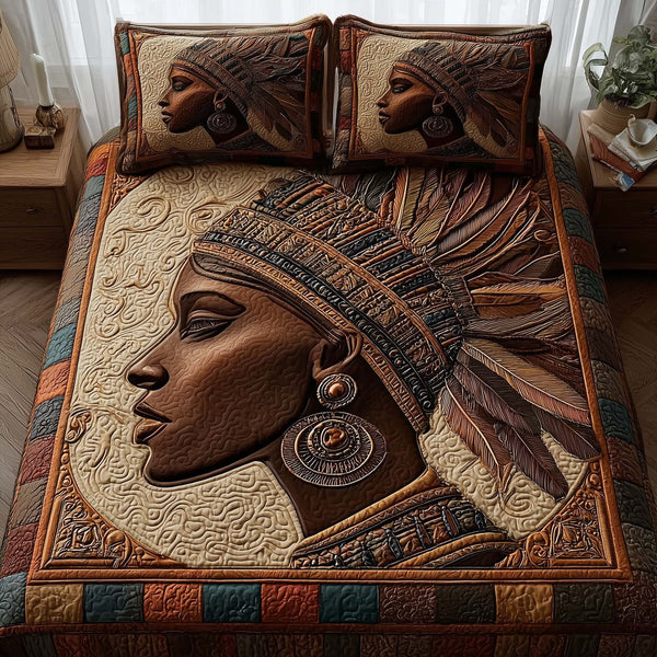 Magnificent Melanin quilted 3-piece bedding set on a made bed with two matching pillow shams