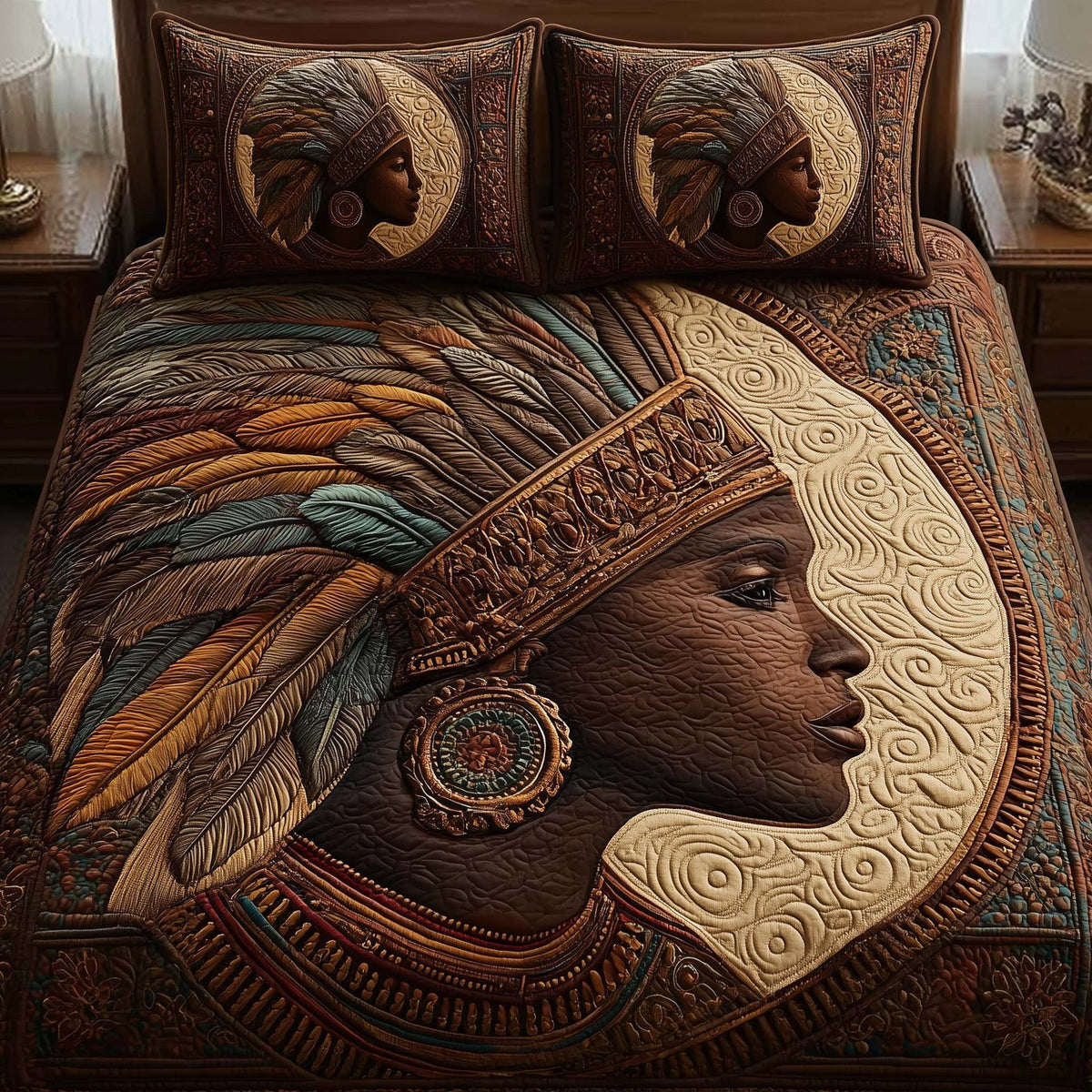 Magnificent Melanin quilted 3-piece bedding set on a made bed with two matching pillow shams