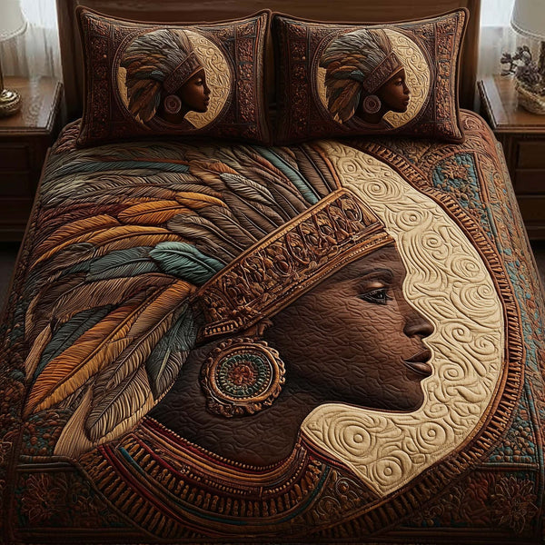 Magnificent Melanin quilted 3-piece bedding set on a made bed with two matching pillow shams