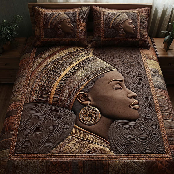 Magnificent Melanin quilted 3-piece bedding set on a made bed with two matching pillow shams