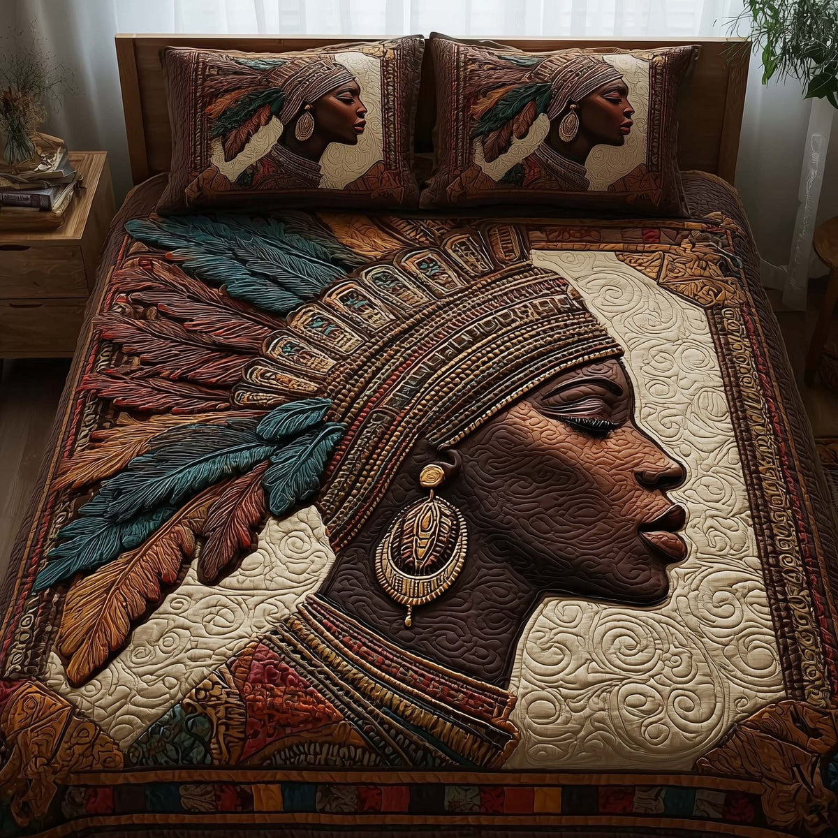 Magnificent Melanin quilted 3-piece bedding set on a made bed with two matching pillow shams