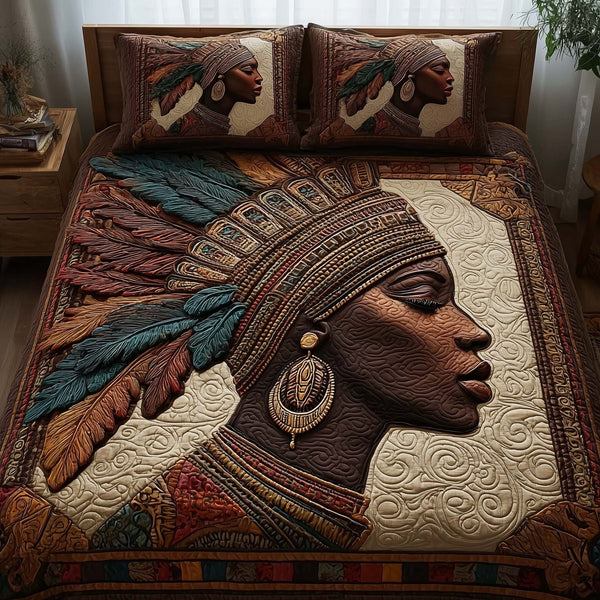 Magnificent Melanin quilted 3-piece bedding set on a made bed with two matching pillow shams
