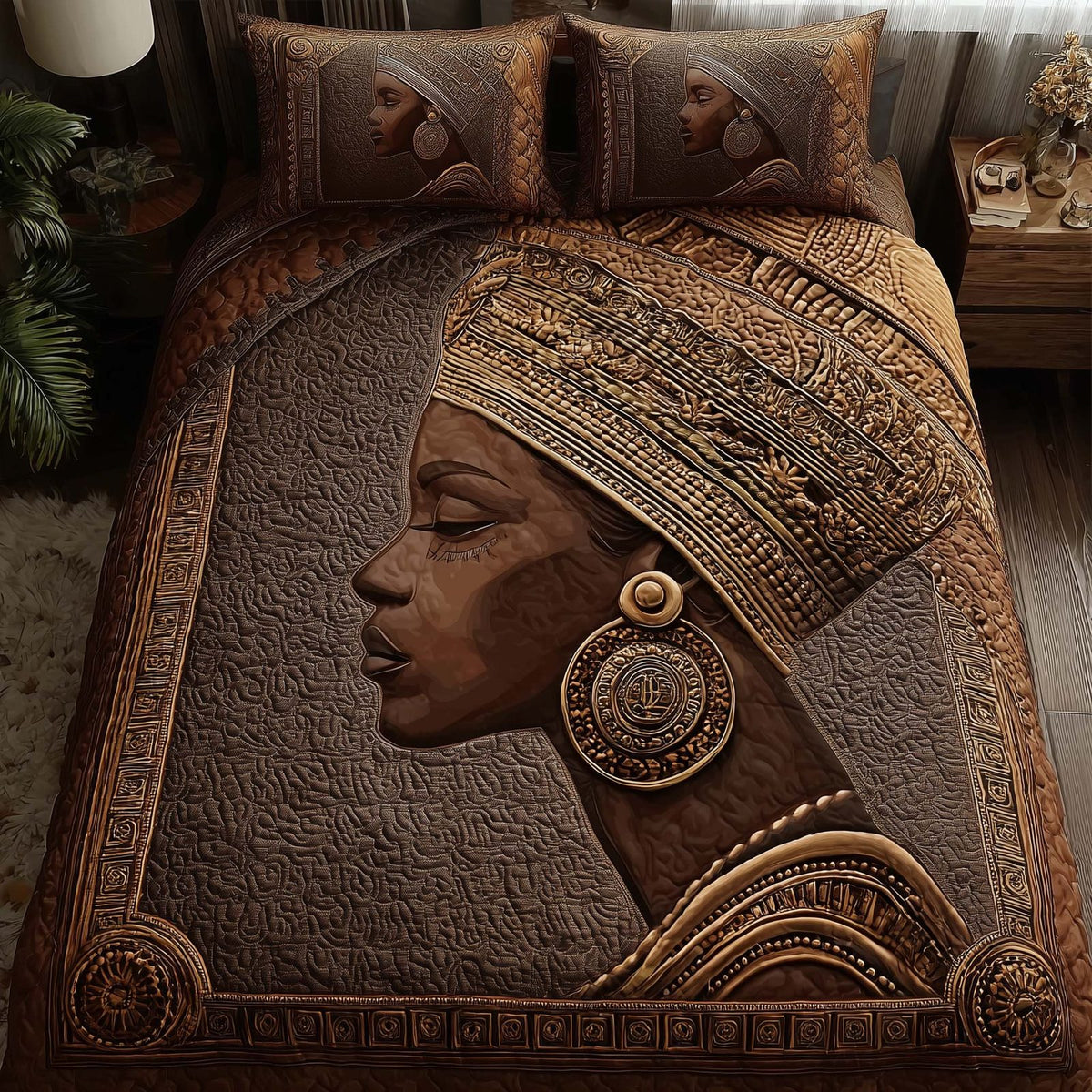 Magnificent Melanin quilted 3-piece bedding set on a made bed with two matching pillow shams