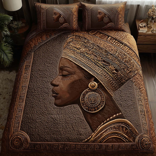 Magnificent Melanin quilted 3-piece bedding set on a made bed with two matching pillow shams