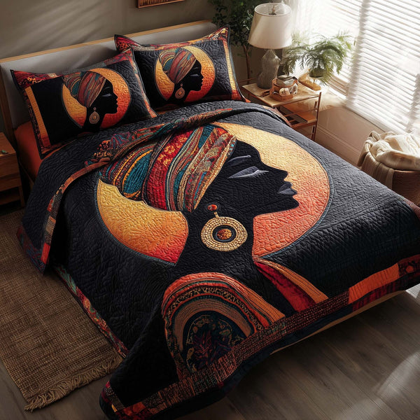 Magnificent Melanin quilted 3-piece bedding set on a made bed with two matching pillow shams