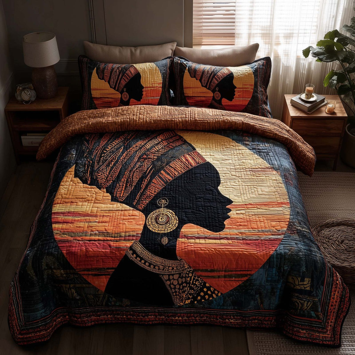 Magnificent Melanin quilted 3-piece bedding set on a made bed with two matching pillow shams