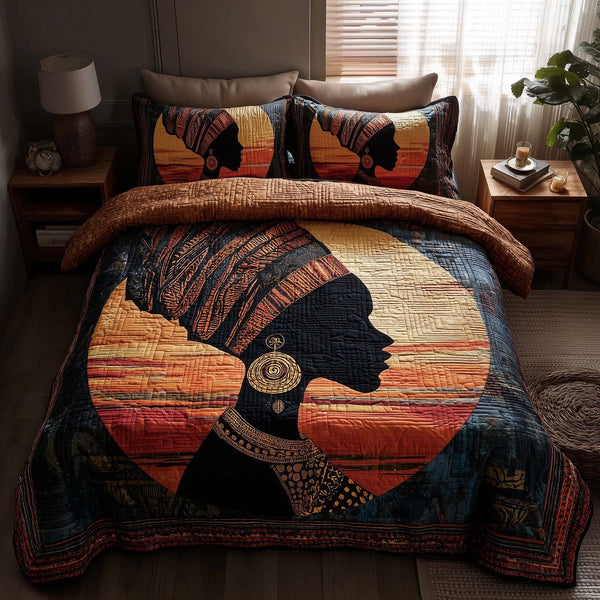 Magnificent Melanin quilted 3-piece bedding set on a made bed with two matching pillow shams