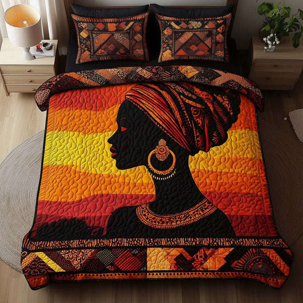 Magnificent Melanin quilted 3-piece bedding set on a made bed with two matching pillow shams
