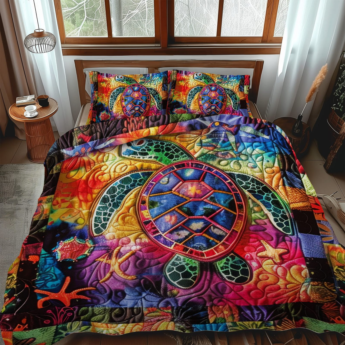 Magnificent Turtles quilted 3-piece bedding set on a made bed in a light coastal bedroom