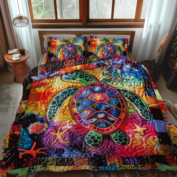 Magnificent Turtles quilted 3-piece bedding set on a made bed in a light coastal bedroom