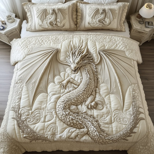 Magnificent White Dragon quilted 3-piece bedding set on a made bed with two matching pillow shams