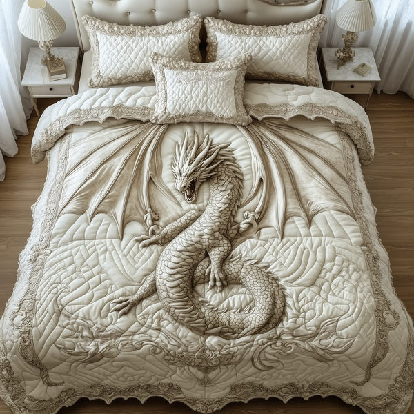 Magnificent White Dragon quilted 3-piece bedding set on a made bed with two matching pillow shams