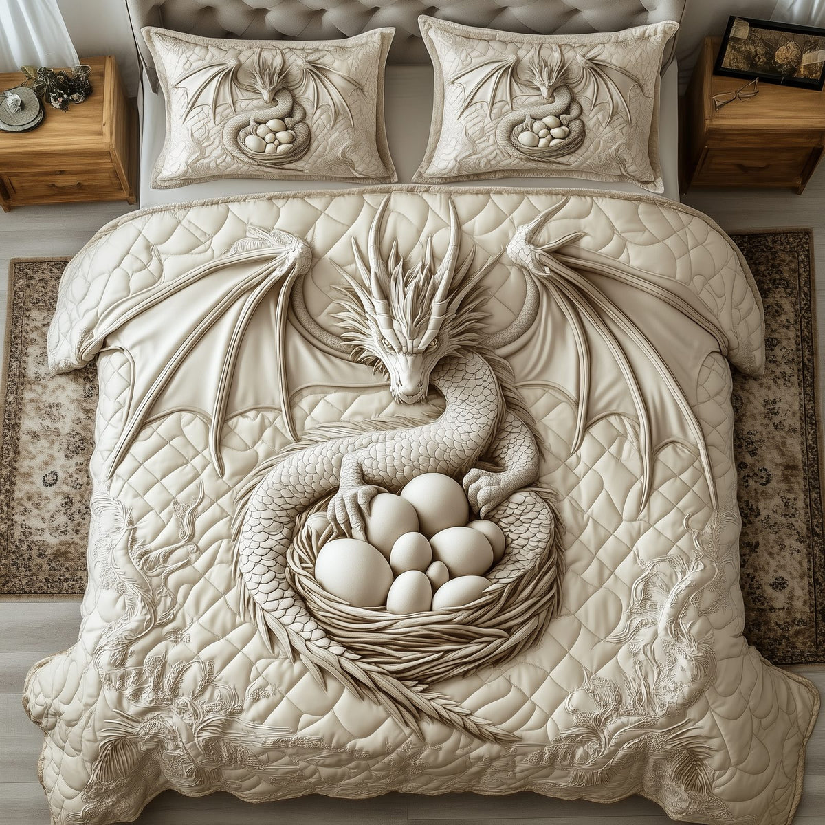 Magnificent White Dragon quilted 3-piece bedding set on a made bed with two matching pillow shams