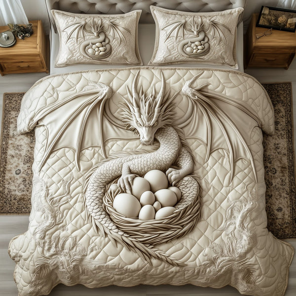 Magnificent White Dragon quilted 3-piece bedding set on a made bed with two matching pillow shams