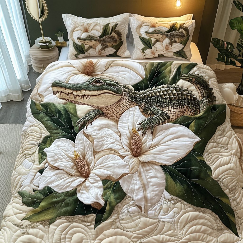 Magnolia Beast quilted 3-piece bedding set on a made bed with two matching pillow shams
