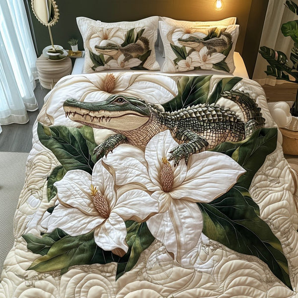 Magnolia Beast quilted 3-piece bedding set on a made bed with two matching pillow shams
