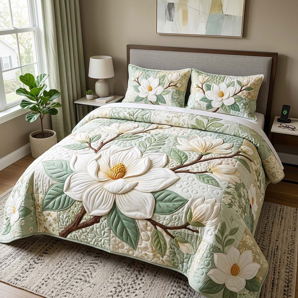 Magnolia Bloom quilted 3-piece bedding set on a made bed with two matching pillow shams