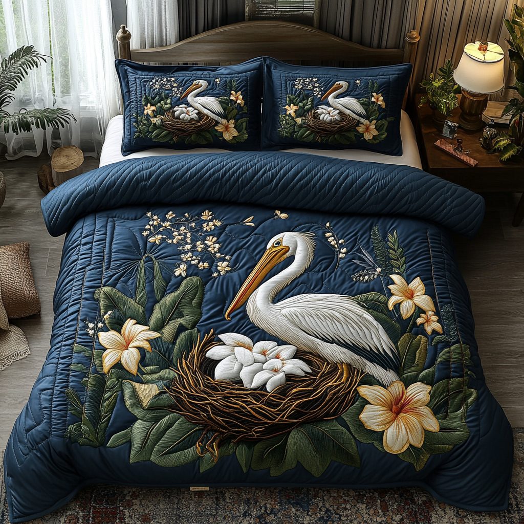 Magnolia Breeze quilted 3-piece bedding set on a made bed with two matching pillow shams