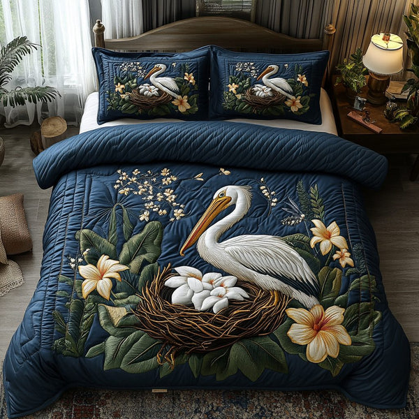 Magnolia Breeze quilted 3-piece bedding set on a made bed with two matching pillow shams
