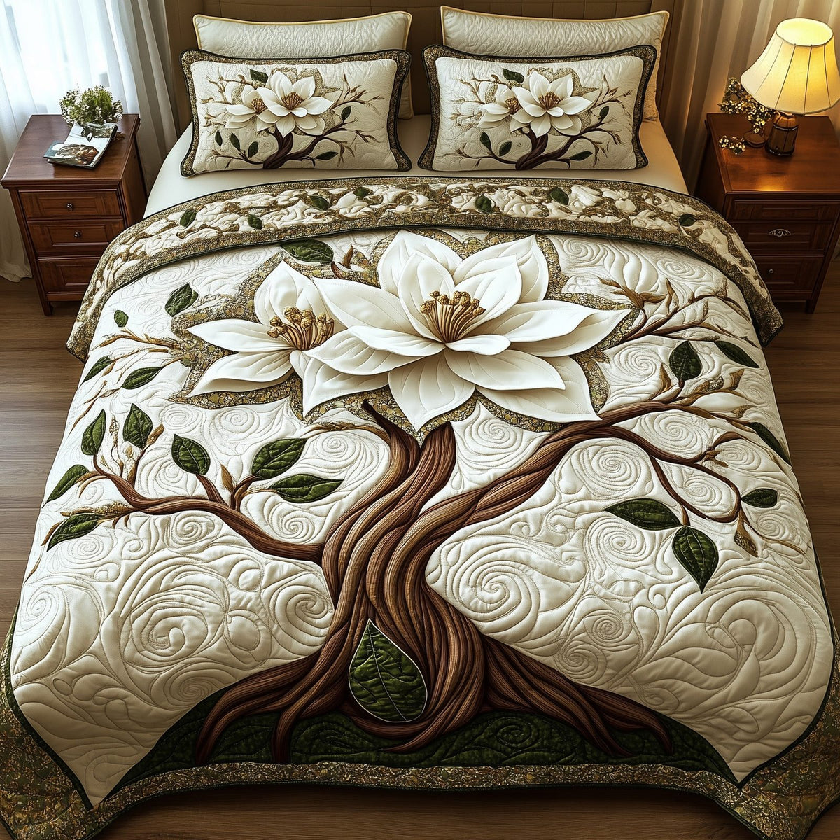 Magnolia Charm quilted 3-piece bedding set on a made bed with two matching pillow shams