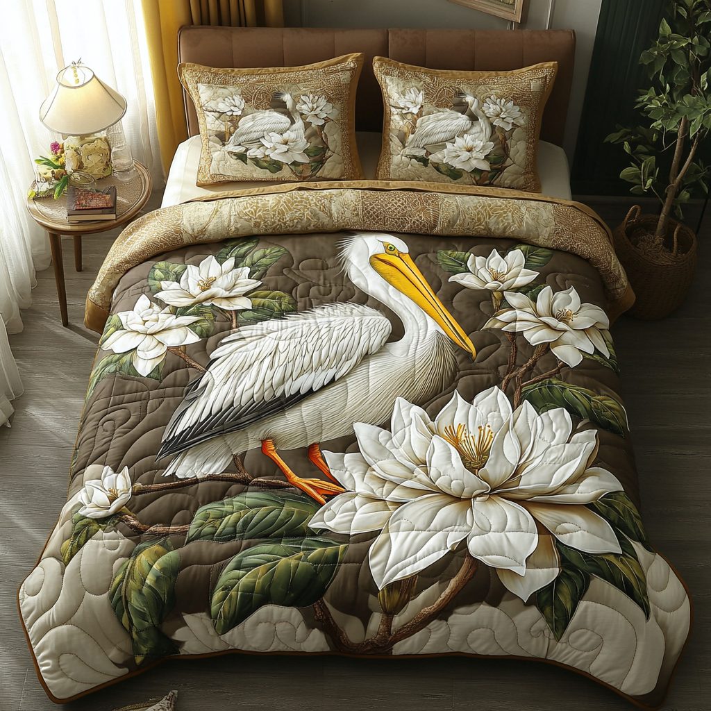 Magnolia Dreams quilted 3-piece bedding set on a made bed with two matching pillow shams