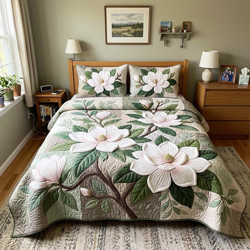Magnolia Garden quilted 3-piece bedding set on a made bed with two matching pillow shams
