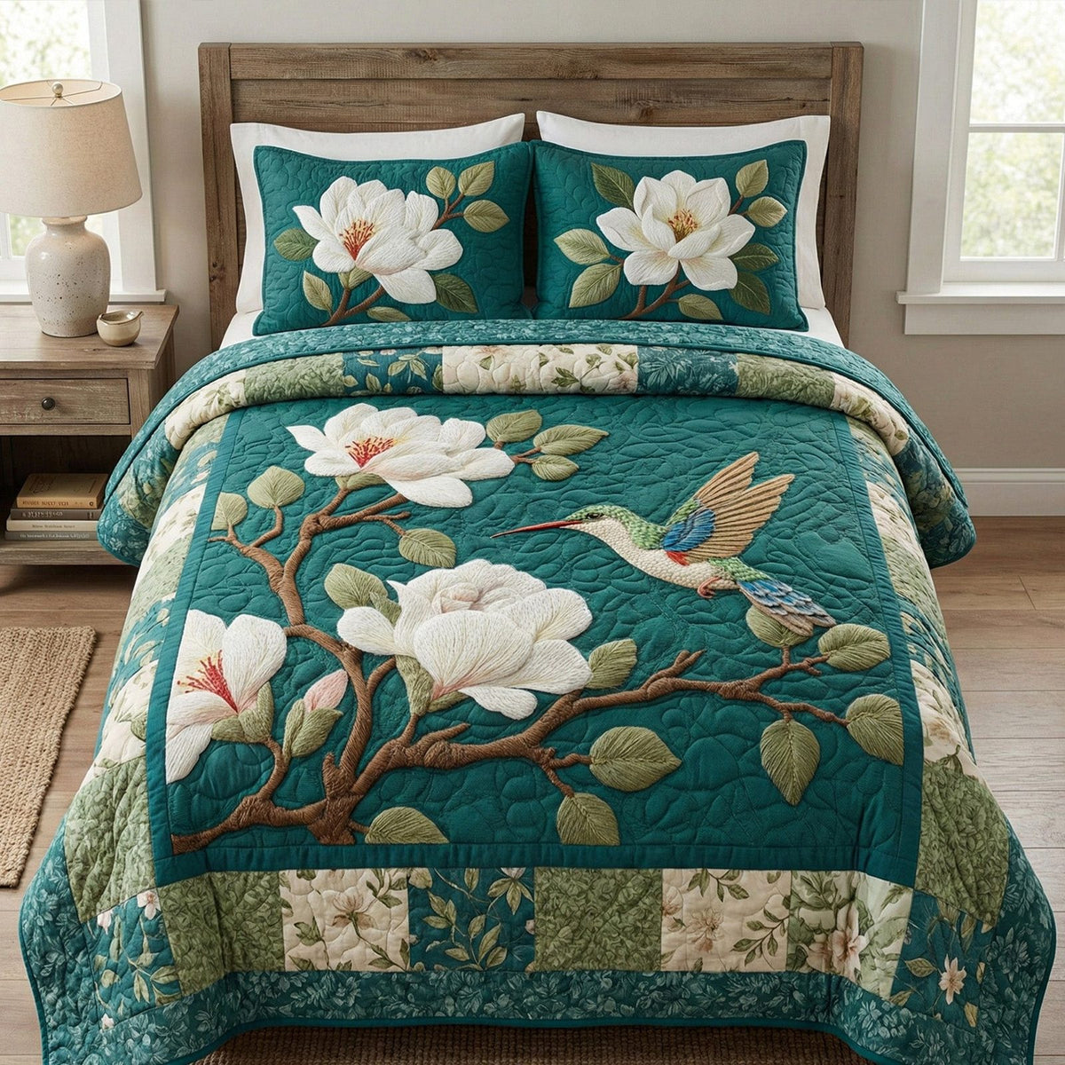 Magnolia Grace quilted 3-piece bedding set on a made bed with two matching pillow shams
