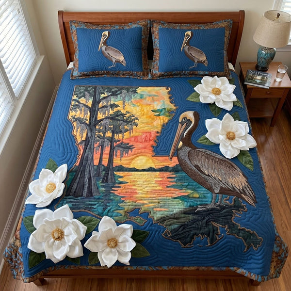 Magnolia Map quilted 3-piece bedding set on a made bed with two matching pillow shams