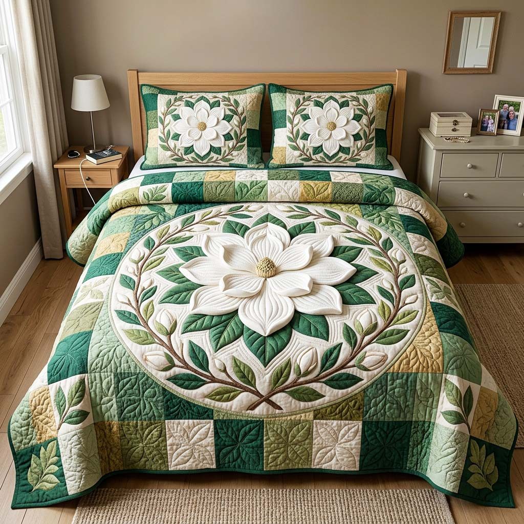 Magnolia Medallion quilted 3-piece bedding set on a made bed with two matching pillow shams