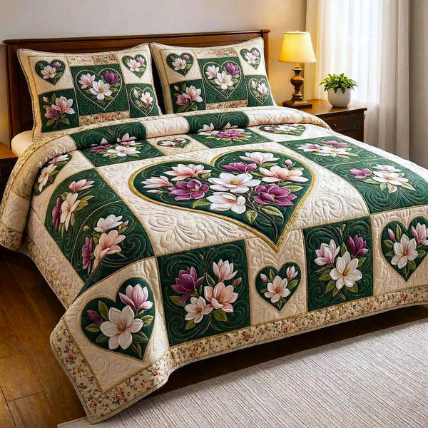 Magnolia Patchwork quilted 3-piece bedding set on a made bed in a farmhouse bedroom