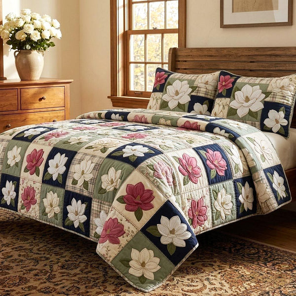 Magnolia Patchwork quilted 3-piece bedding set on a made bed in a farmhouse bedroom