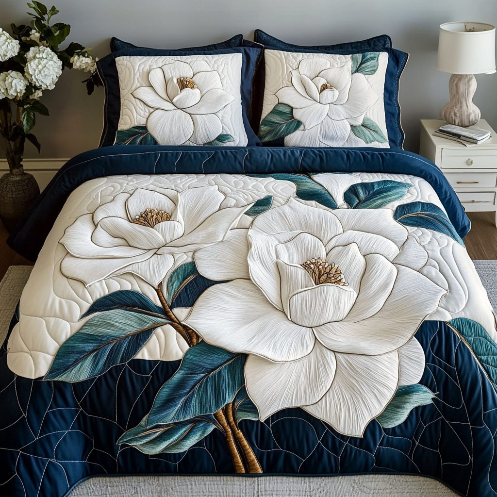 Magnolia Tranquil quilted 3-piece bedding set on a made bed with two matching pillow shams