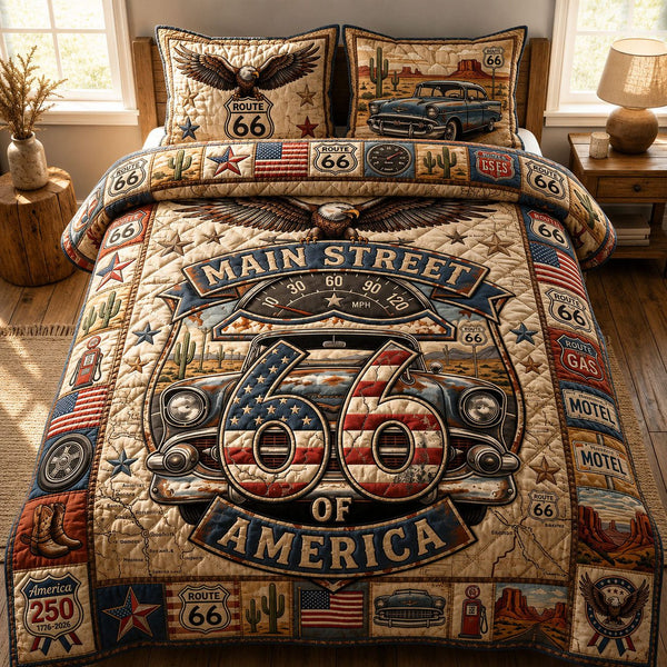 Main Street America quilted 3-piece bedding set on a made bed in a warmly lit bedroom