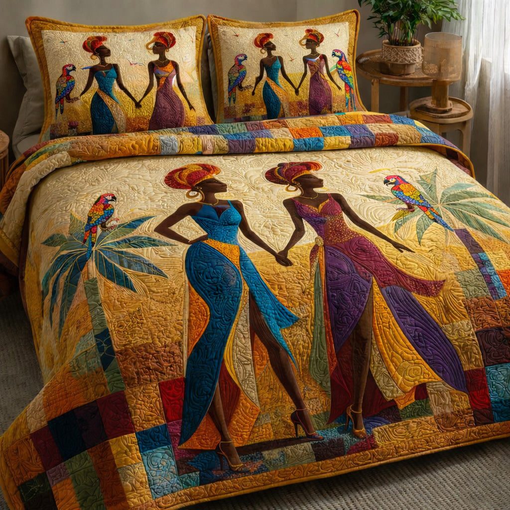 Majestic African Sisters quilted 3-piece bedding set on a made bed with two matching pillow shams