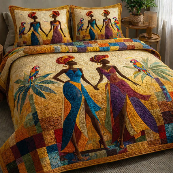 Majestic African Sisters quilted 3-piece bedding set on a made bed with two matching pillow shams