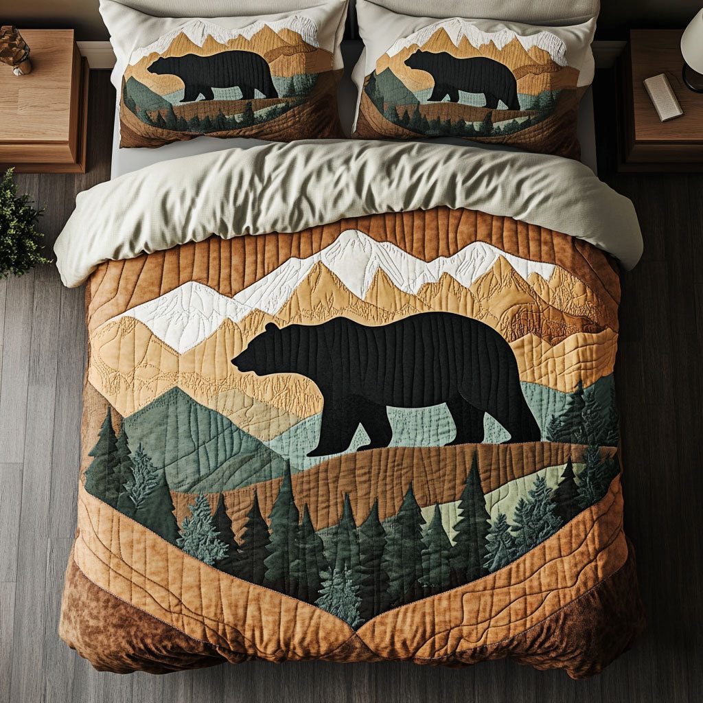 Majestic Bear Mountains quilted 3-piece bedding set on a made bed with two matching pillow shams